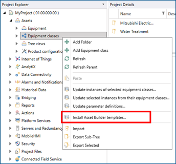 “Install Asset Builder templates” button in Equipment classes